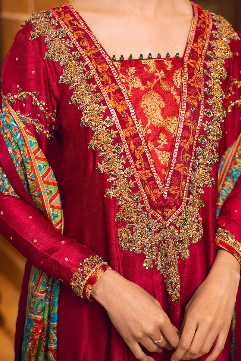 Embellished Red Long Frock Dupatta Pakistani Party Dresses