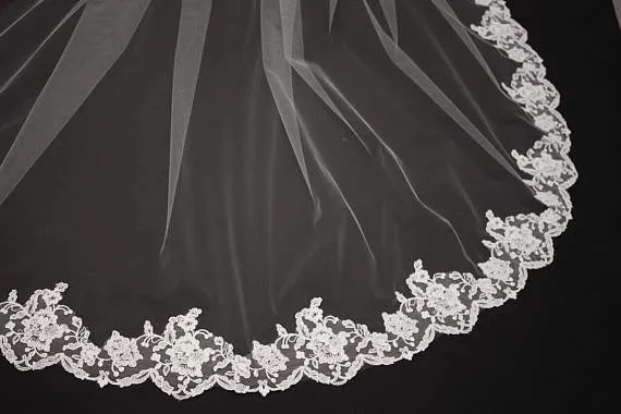 Embroidered Chapel Cathedral Lace Diamond Tulle Bridals Veils, Veils For Wedding , VD0001