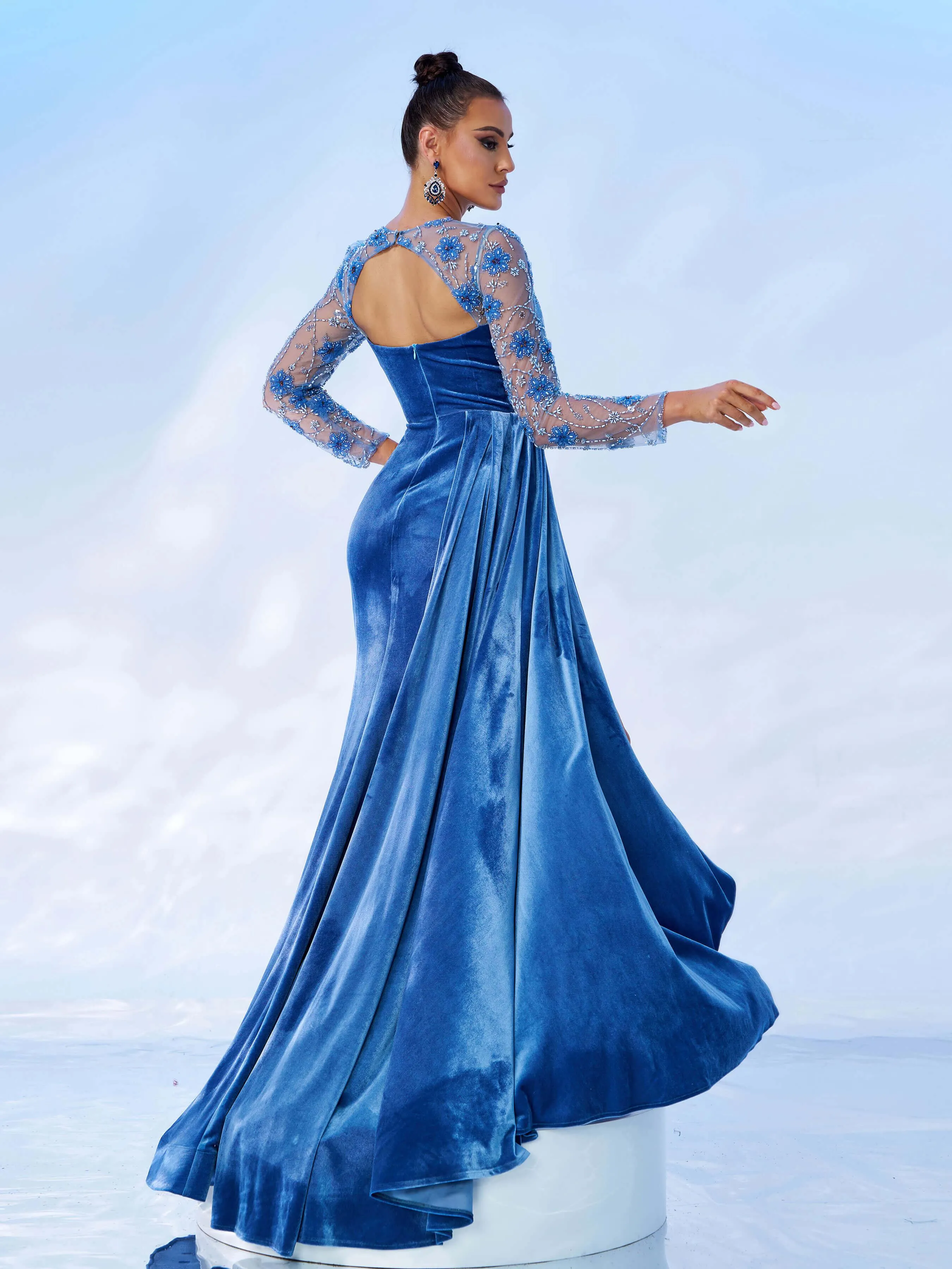 Embroidered Panel Draped Velvet Prom Dress DH80170