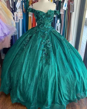 Emerald Green Lace Floral Quinceanera Dresses Sparkly Sequins Sweet 16 Dress Ball Gown vestidos de quinceañera