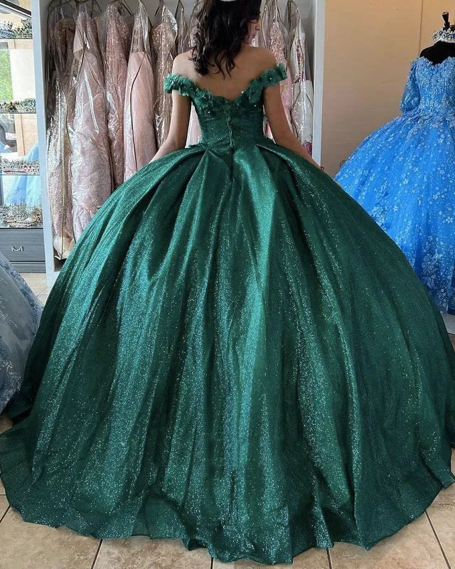 Emerald Green Lace Floral Quinceanera Dresses Sparkly Sequins Sweet 16 Dress Ball Gown vestidos de quinceañera