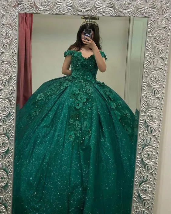 Emerald Green Lace Floral Quinceanera Dresses Sparkly Sequins Sweet 16 Dress Ball Gown vestidos de quinceañera