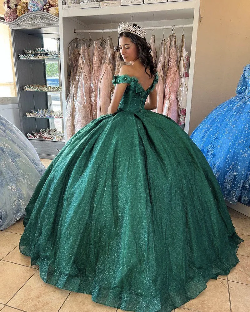 Emerald Green Lace Floral Quinceanera Dresses Sparkly Sequins Sweet 16 Dress Ball Gown vestidos de quinceañera