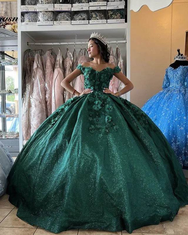 Emerald Green Lace Floral Quinceanera Dresses Sparkly Sequins Sweet 16 Dress Ball Gown vestidos de quinceañera