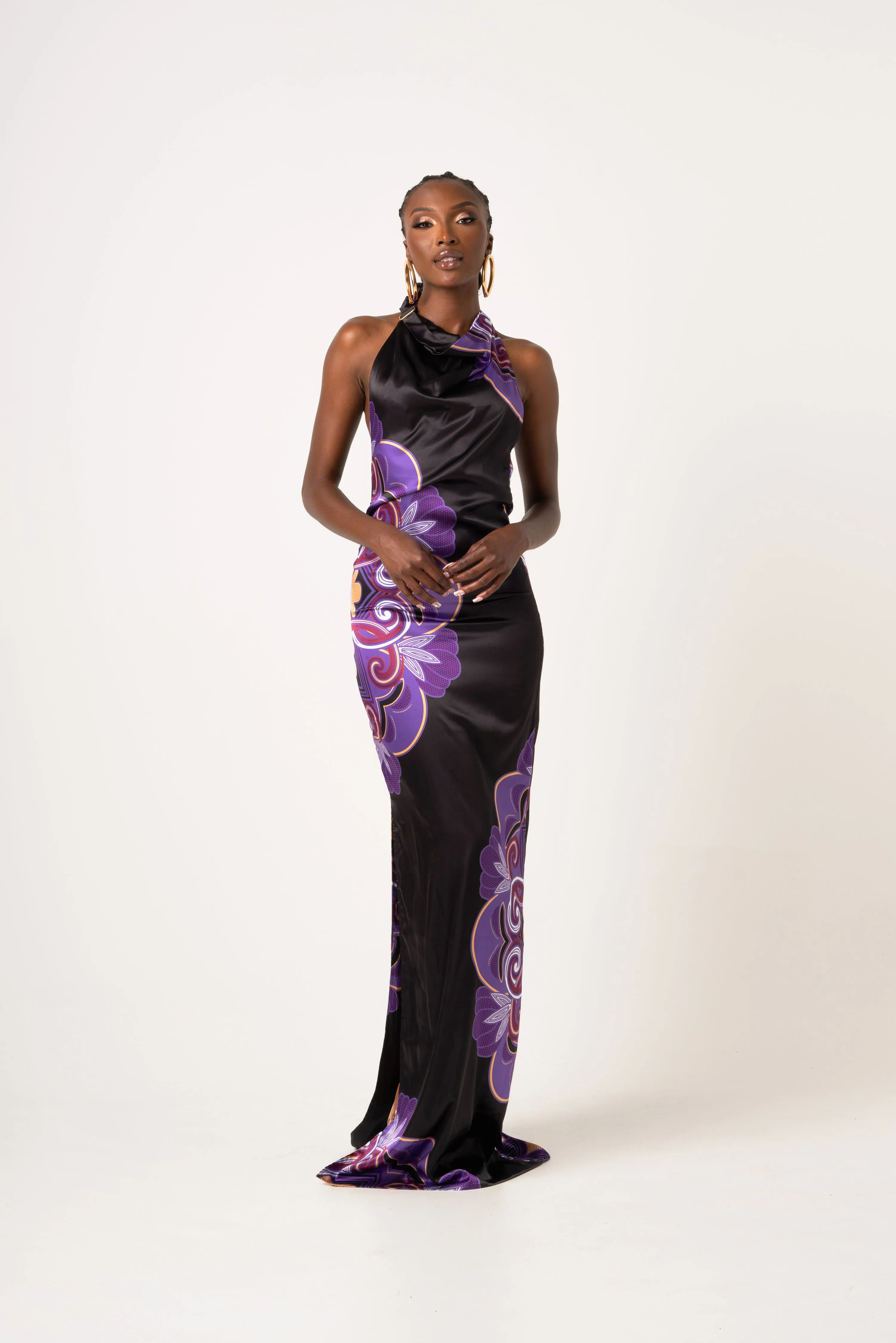ENANG BLACK SILK HALTER MAXI DRESS