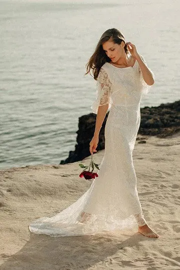 Ethereal Sheath Bat Sleeve Wedding Dress with Low-V Back and Sweep Train-715752