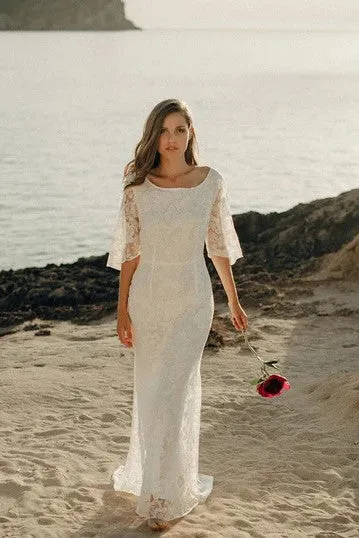 Ethereal Sheath Bat Sleeve Wedding Dress with Low-V Back and Sweep Train-715752