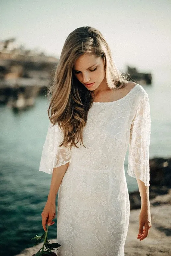 Ethereal Sheath Bat Sleeve Wedding Dress with Low-V Back and Sweep Train-715752