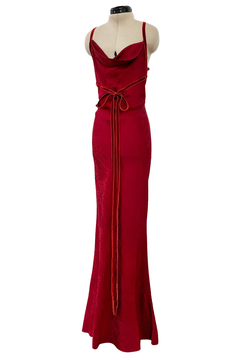 Exquisite Fall 1999 John Galliano Deep Red Bias Cut Patterned Silk Backless Dress w Velvet Ribbon Details