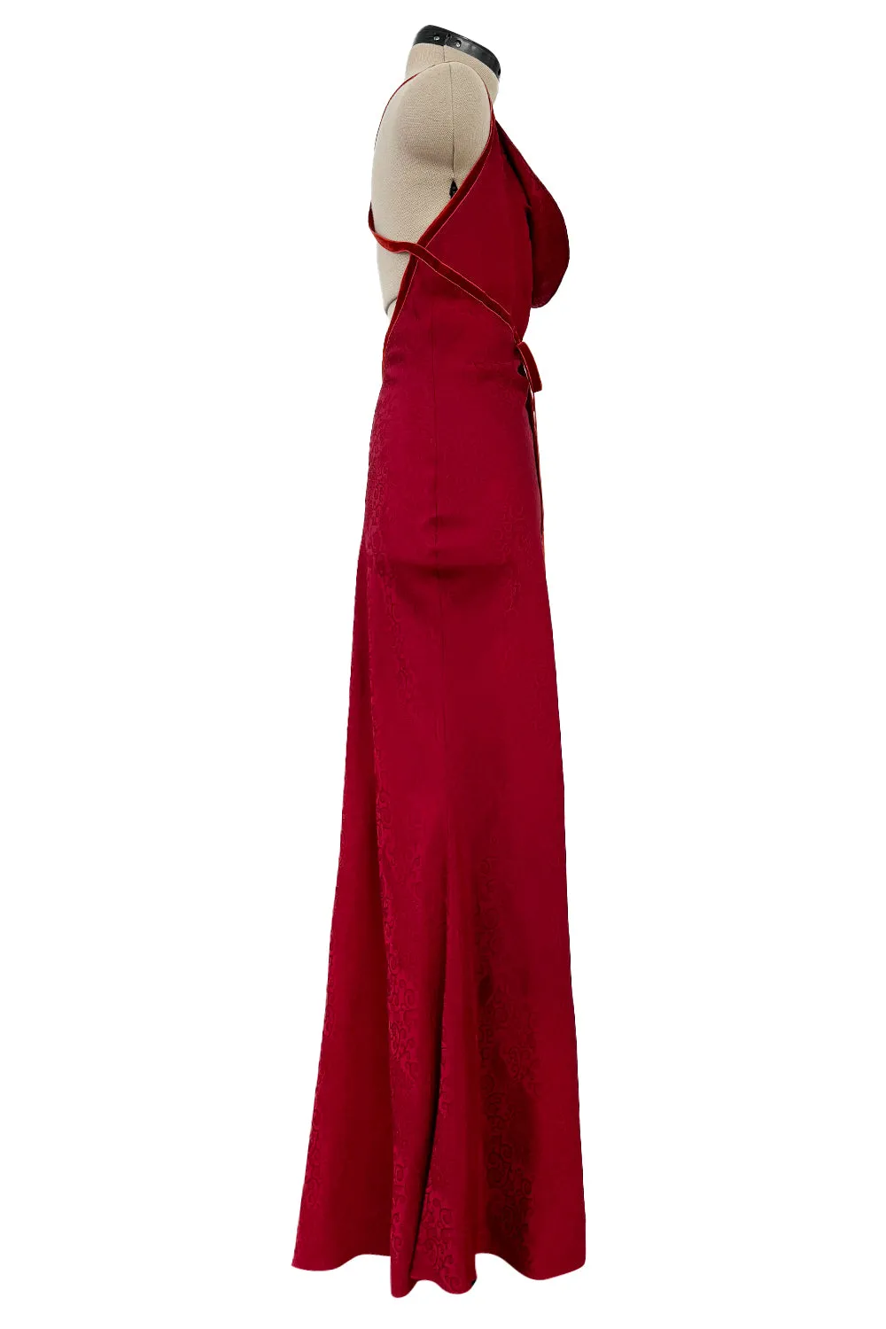 Exquisite Fall 1999 John Galliano Deep Red Bias Cut Patterned Silk Backless Dress w Velvet Ribbon Details