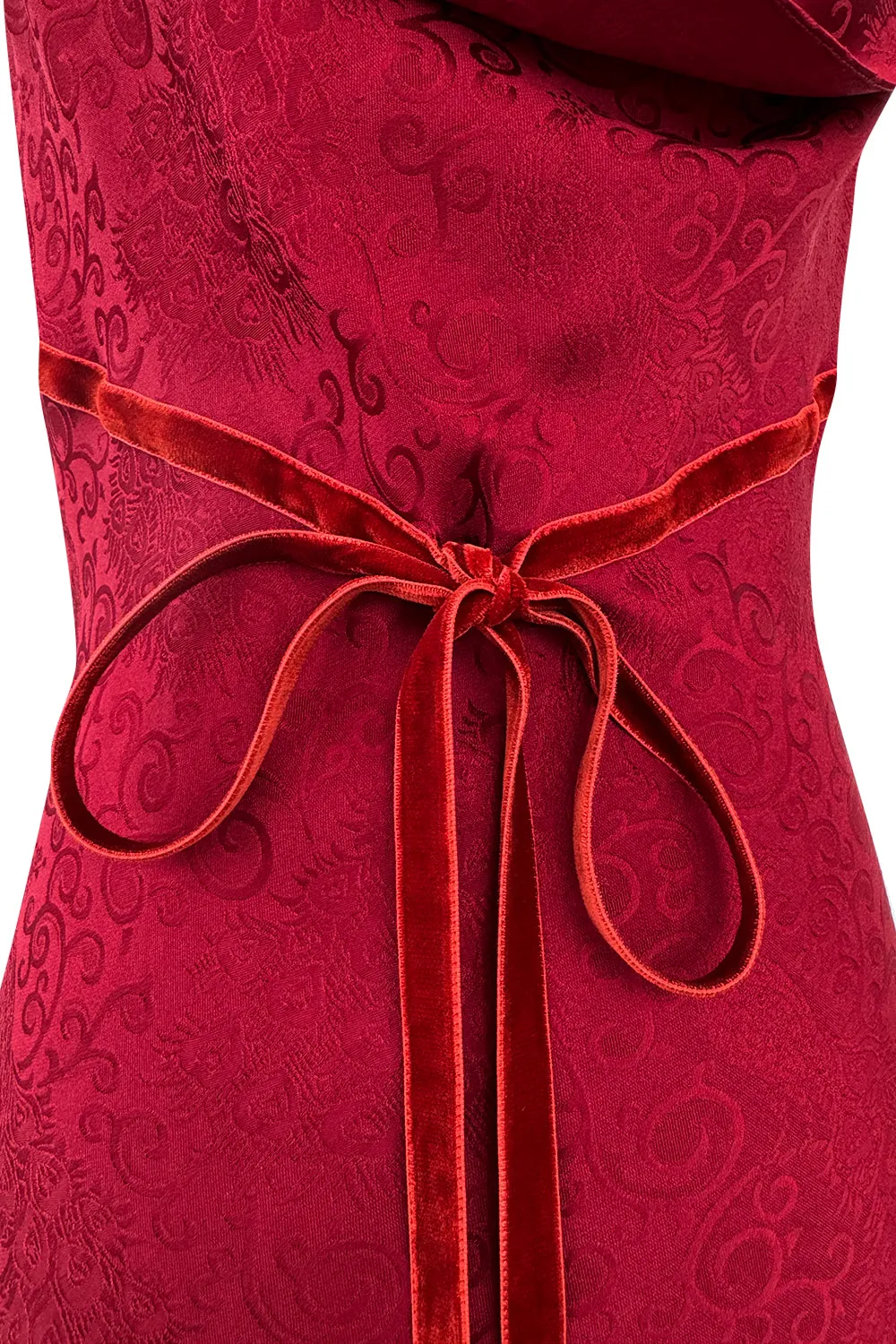 Exquisite Fall 1999 John Galliano Deep Red Bias Cut Patterned Silk Backless Dress w Velvet Ribbon Details
