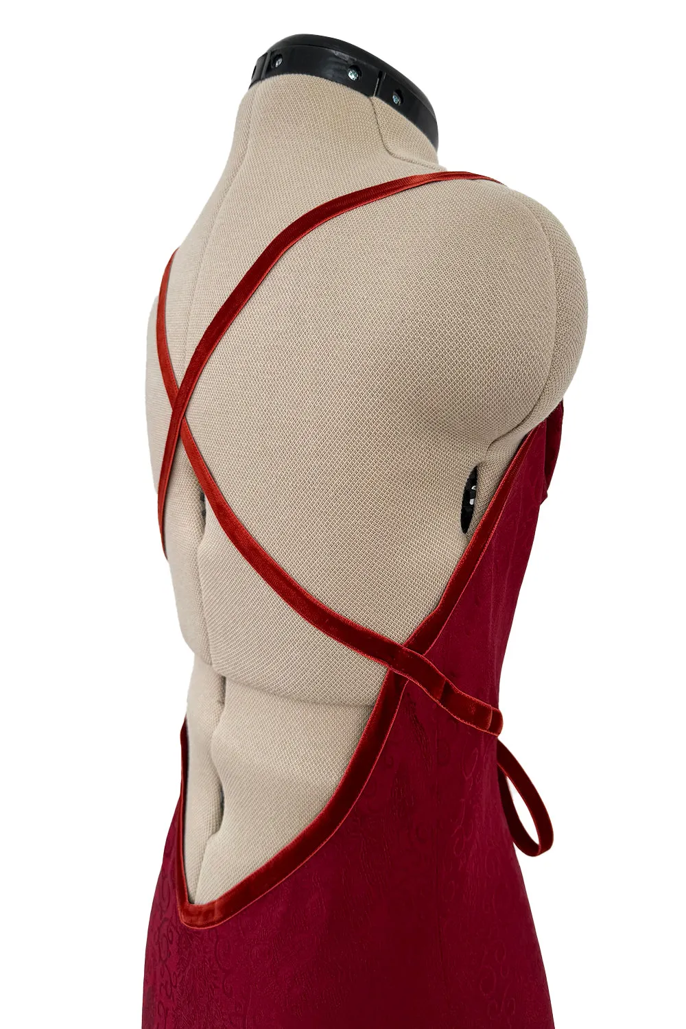 Exquisite Fall 1999 John Galliano Deep Red Bias Cut Patterned Silk Backless Dress w Velvet Ribbon Details