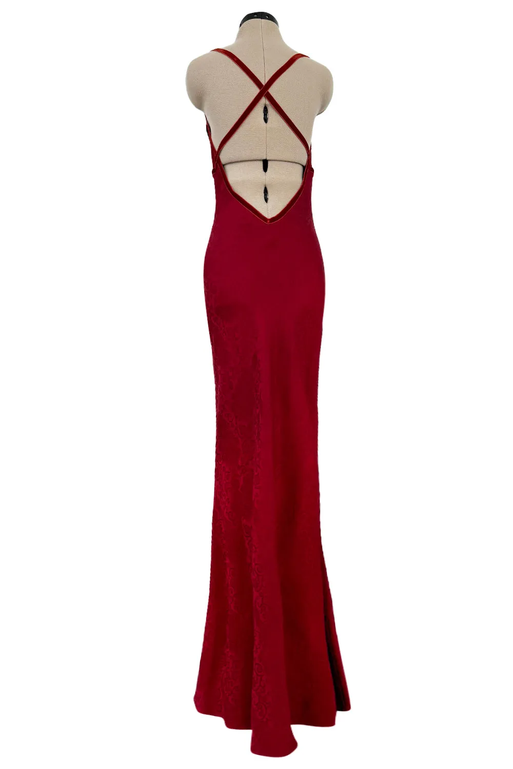 Exquisite Fall 1999 John Galliano Deep Red Bias Cut Patterned Silk Backless Dress w Velvet Ribbon Details