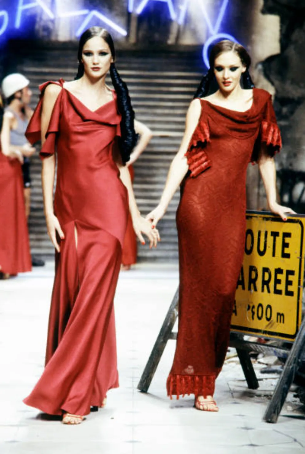 Exquisite Fall 1999 John Galliano Deep Red Bias Cut Patterned Silk Backless Dress w Velvet Ribbon Details