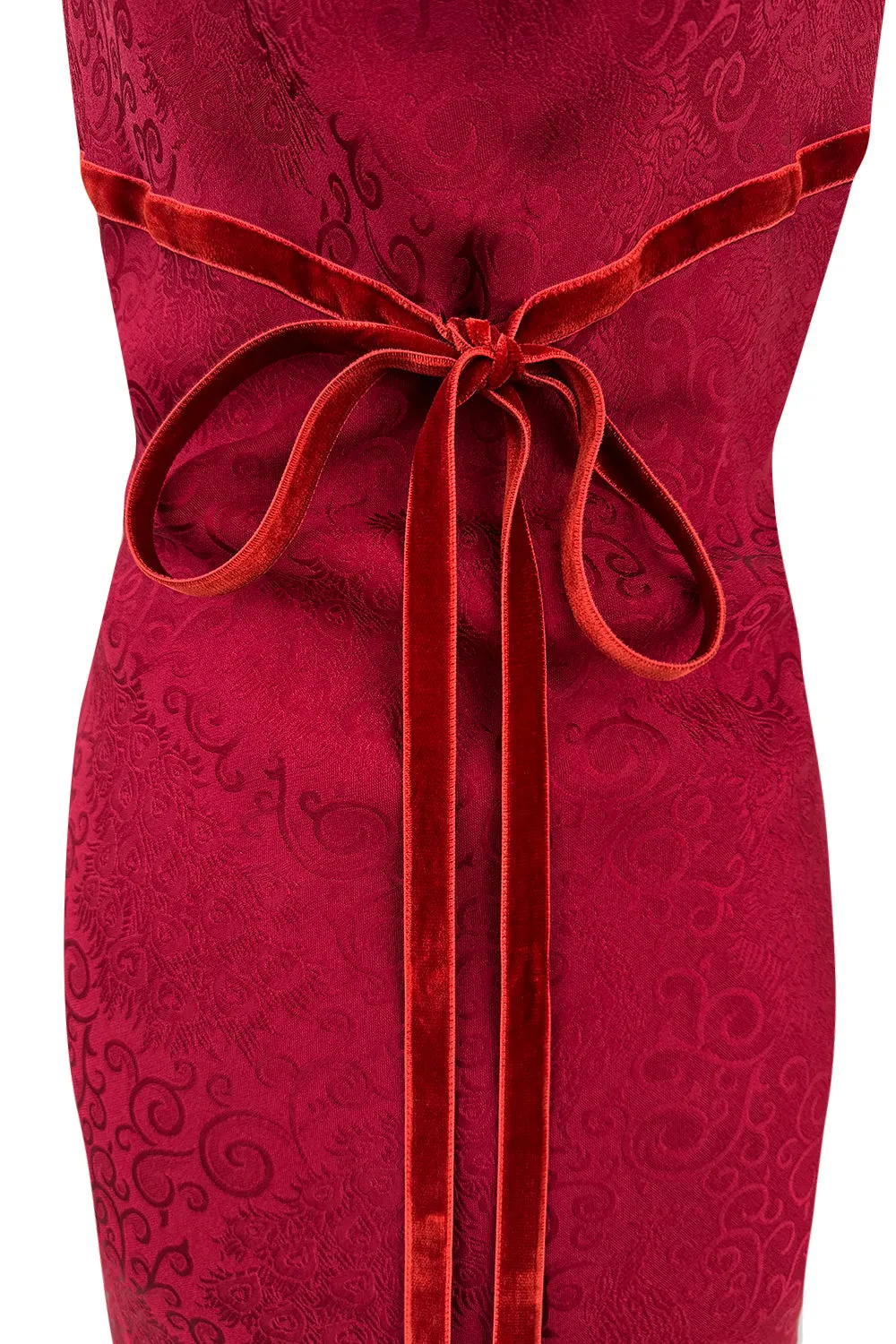 Exquisite Fall 1999 John Galliano Deep Red Bias Cut Patterned Silk Backless Dress w Velvet Ribbon Details