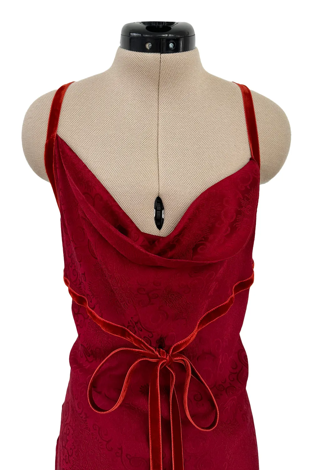 Exquisite Fall 1999 John Galliano Deep Red Bias Cut Patterned Silk Backless Dress w Velvet Ribbon Details