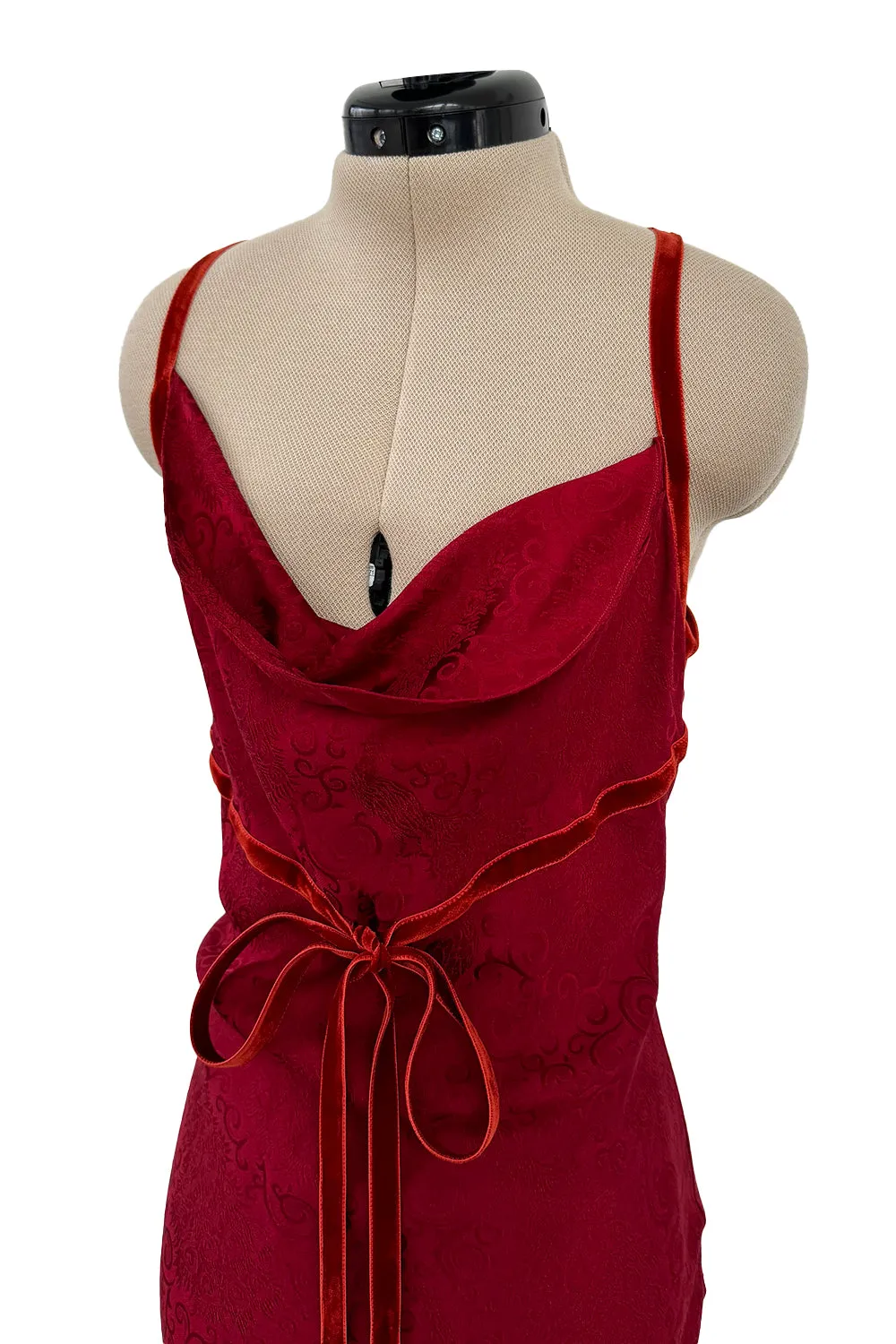 Exquisite Fall 1999 John Galliano Deep Red Bias Cut Patterned Silk Backless Dress w Velvet Ribbon Details