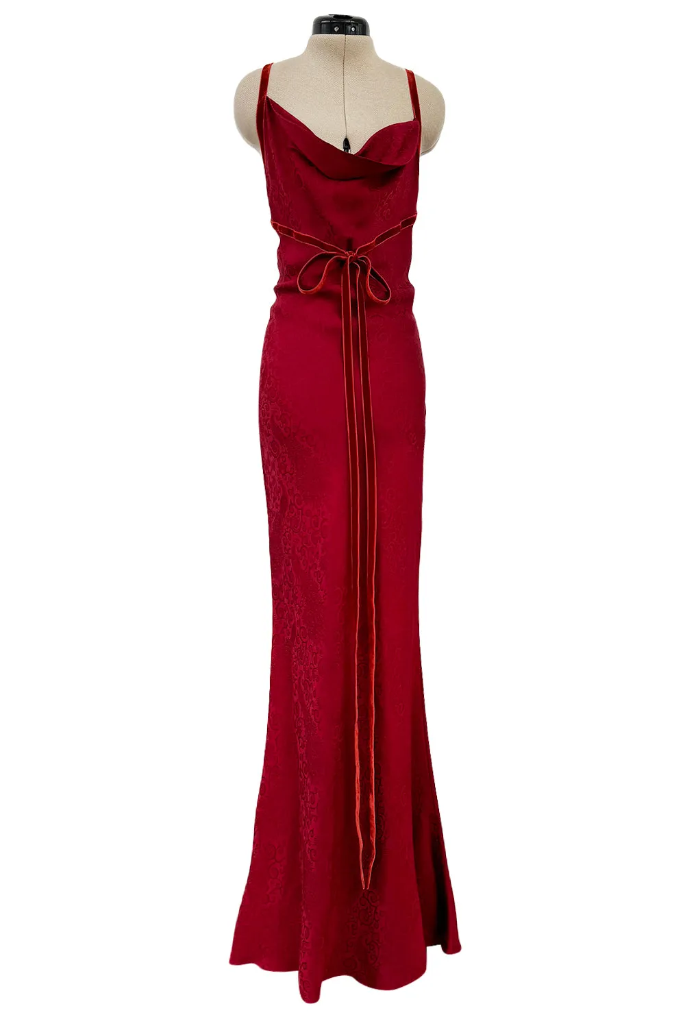 Exquisite Fall 1999 John Galliano Deep Red Bias Cut Patterned Silk Backless Dress w Velvet Ribbon Details