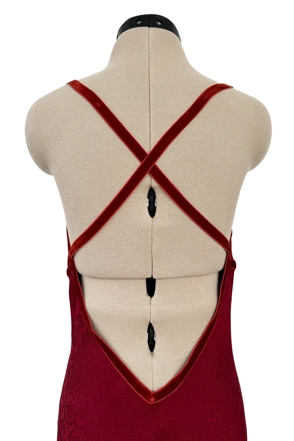 Exquisite Fall 1999 John Galliano Deep Red Bias Cut Patterned Silk Backless Dress w Velvet Ribbon Details