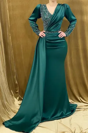 Fabulous Long Satin V-neck Mermaid Evening Prom Dresses With Beading