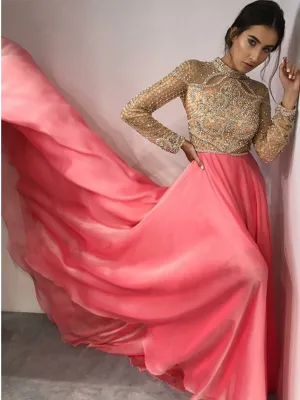 Fancy High Neck Long Sleeves Pink Evening Prom Dresses with Beading, QB0770