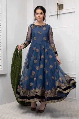 Fancy Pakistani frock style net dress in blue color # P2229