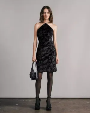 Fara Midi velvet dress in Black blue retro floral