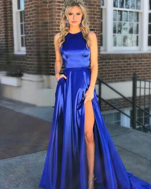 Fashion 2018 Royal Blue Prom Dresses with Pocket O-Neck Long Prom Party Gowns Split Side