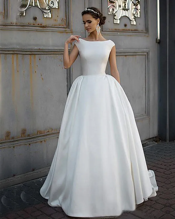 Fashion 2019 Satin Wedding Dresses Backless Modest A-line Wedding Gowns for Brides