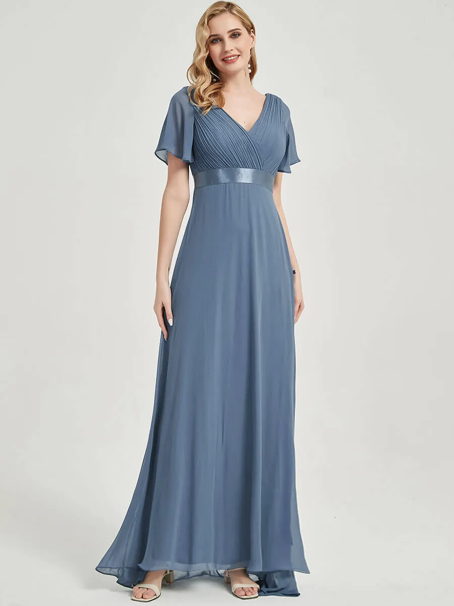 [Final Sale] Vermilion Chiffon Floor Length Ruffle Sleeve Chiffon  Bridesmaid Dresses