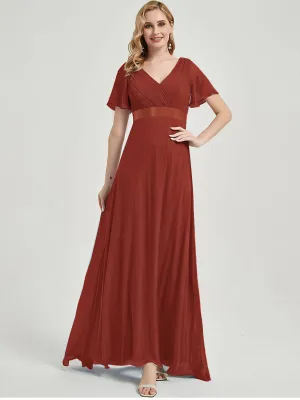 [Final Sale] Vermilion Chiffon Floor Length Ruffle Sleeve Chiffon  Bridesmaid Dresses