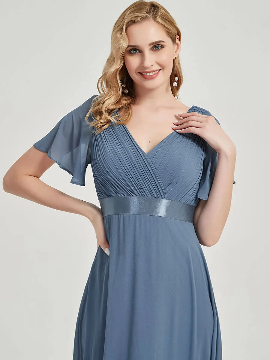 [Final Sale] Vermilion Chiffon Floor Length Ruffle Sleeve Chiffon  Bridesmaid Dresses