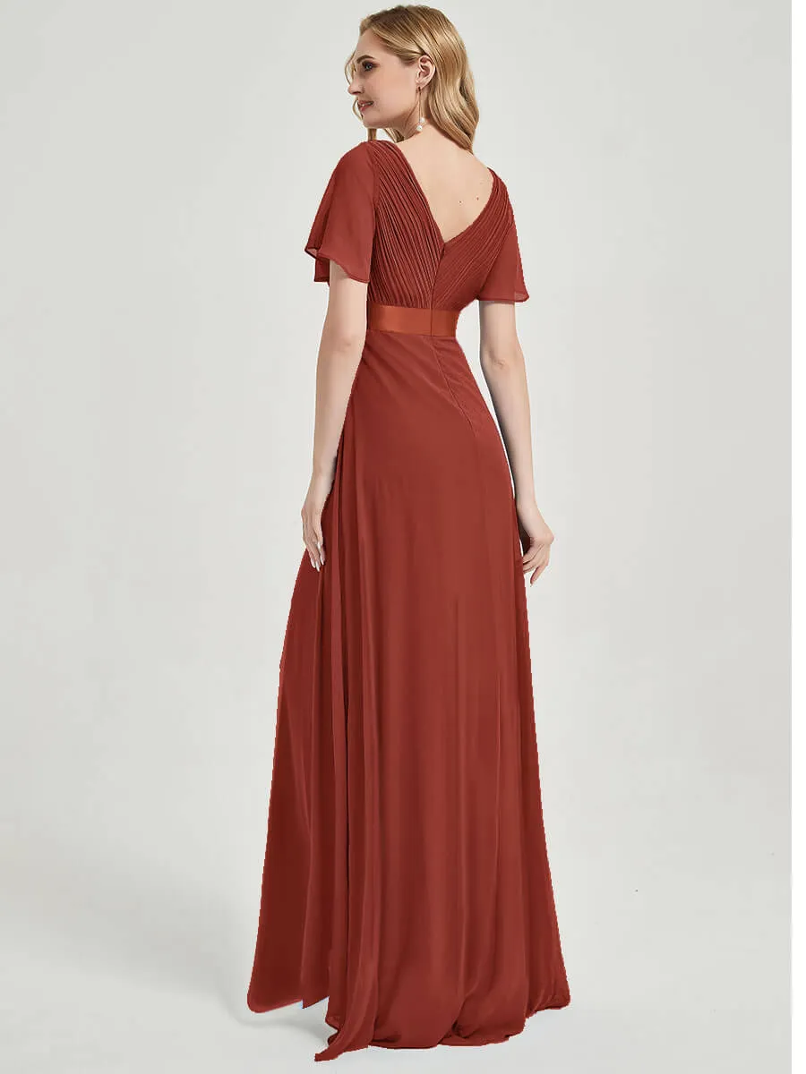 [Final Sale] Vermilion Chiffon Floor Length Ruffle Sleeve Chiffon  Bridesmaid Dresses