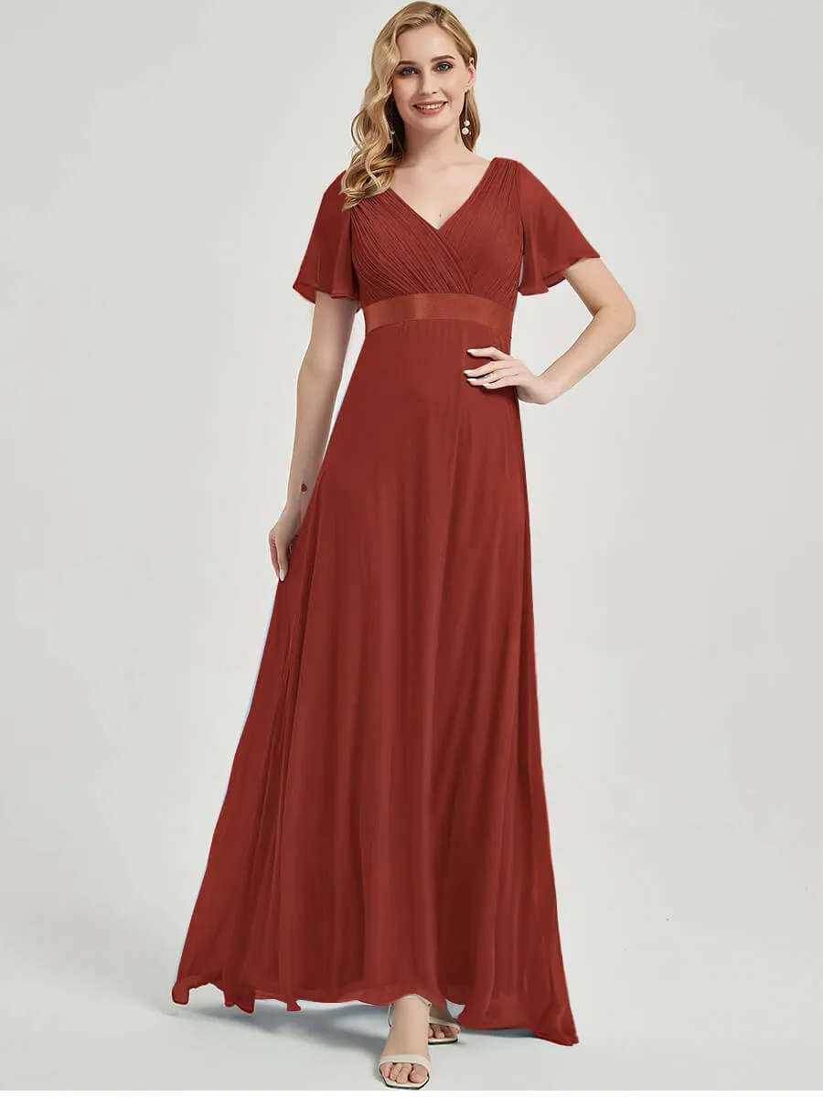 [Final Sale] Vermilion Chiffon Floor Length Ruffle Sleeve Chiffon  Bridesmaid Dresses