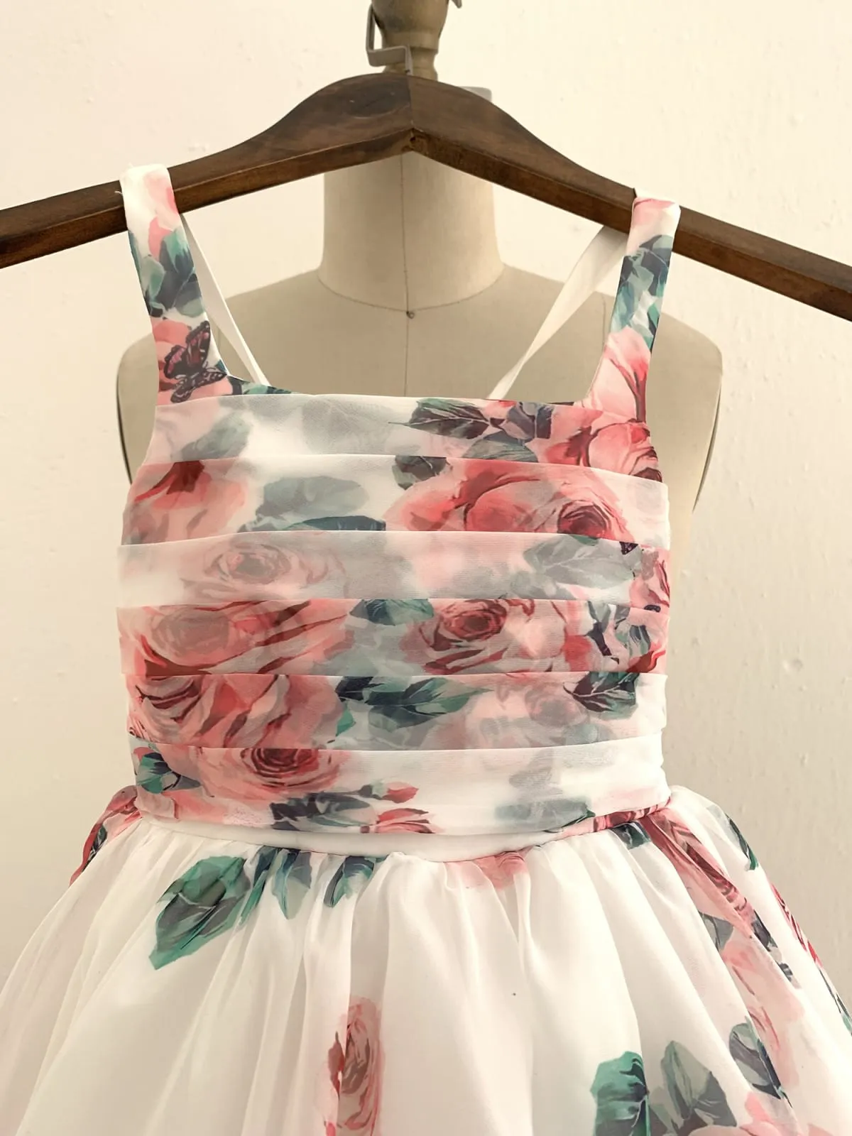 Floral Print Chiffon Straps Wedding Flower Girl Dress Kids Formal Dress