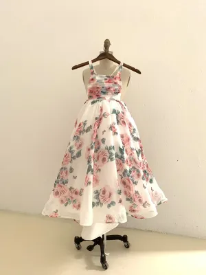 Floral Print Chiffon Straps Wedding Flower Girl Dress Kids Formal Dress