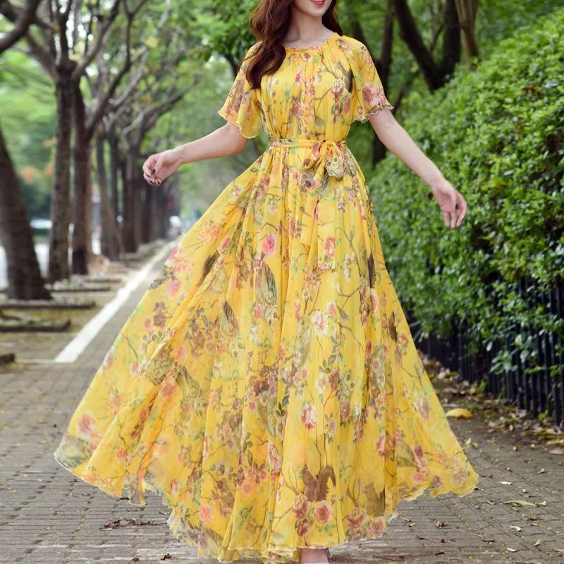 Flowers Print Holiday Plus size Floral Chiffon Dresses