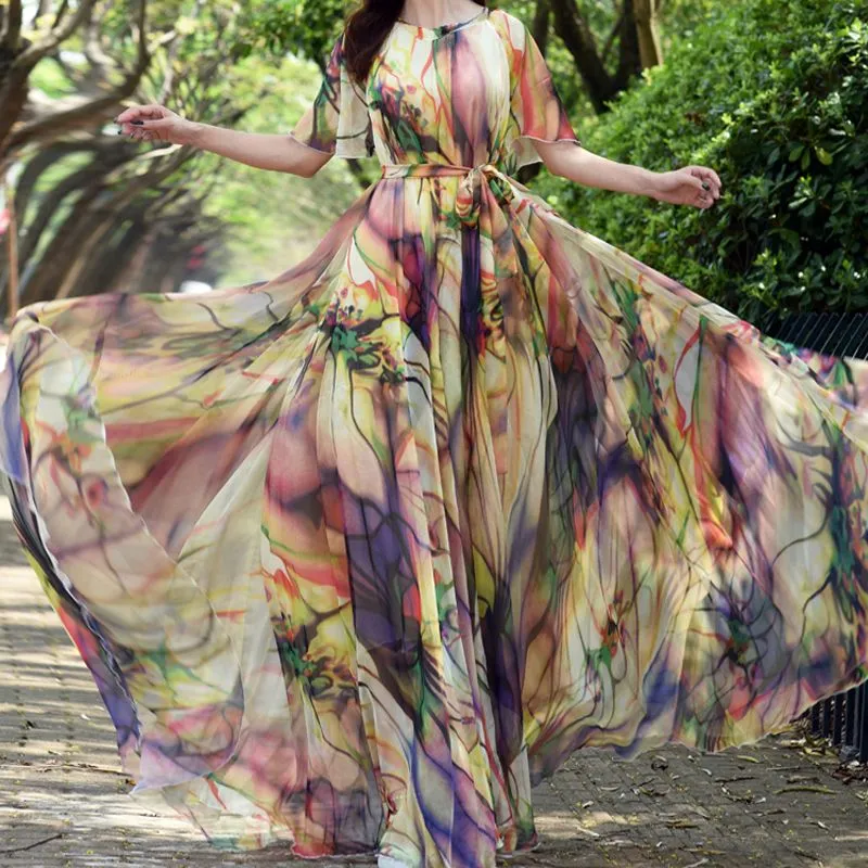 Flowers Print Holiday Plus size Floral Chiffon Dresses