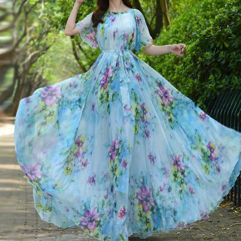 Flowers Print Holiday Plus size Floral Chiffon Dresses