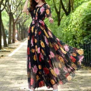 Flowers Print Holiday Plus size Floral Chiffon Dresses