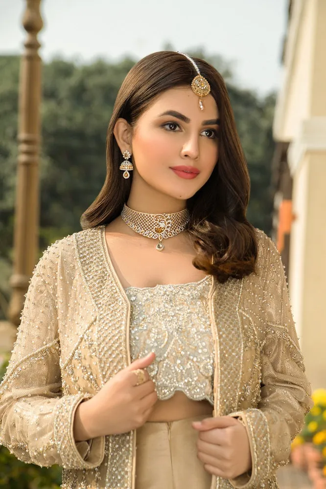 Front Open Jacket Sharara Golden Pakistani Bridal Dress