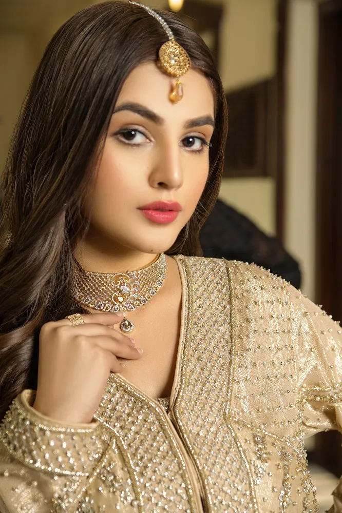 Front Open Jacket Sharara Golden Pakistani Bridal Dress
