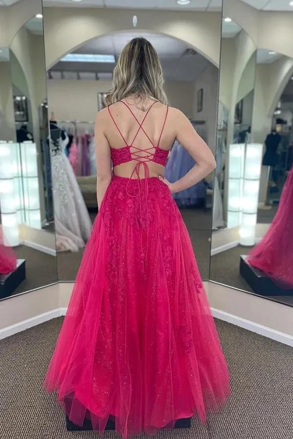 Fuchsia Tulle A-line Scoop Prom Dresses With Appliques, Party Dresses, MP870