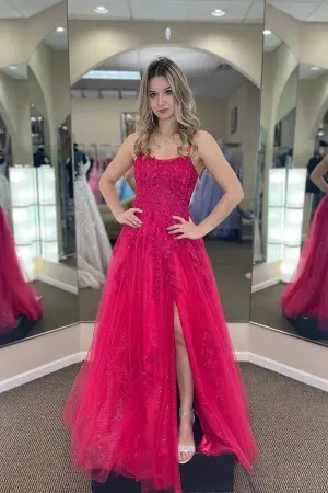 Fuchsia Tulle A-line Scoop Prom Dresses With Appliques, Party Dresses, MP870