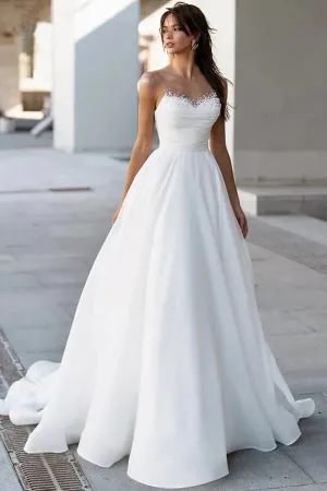 Glamorous Satin A-line Sweetheart Modest Wedding Dresses With Pearls, MW1024