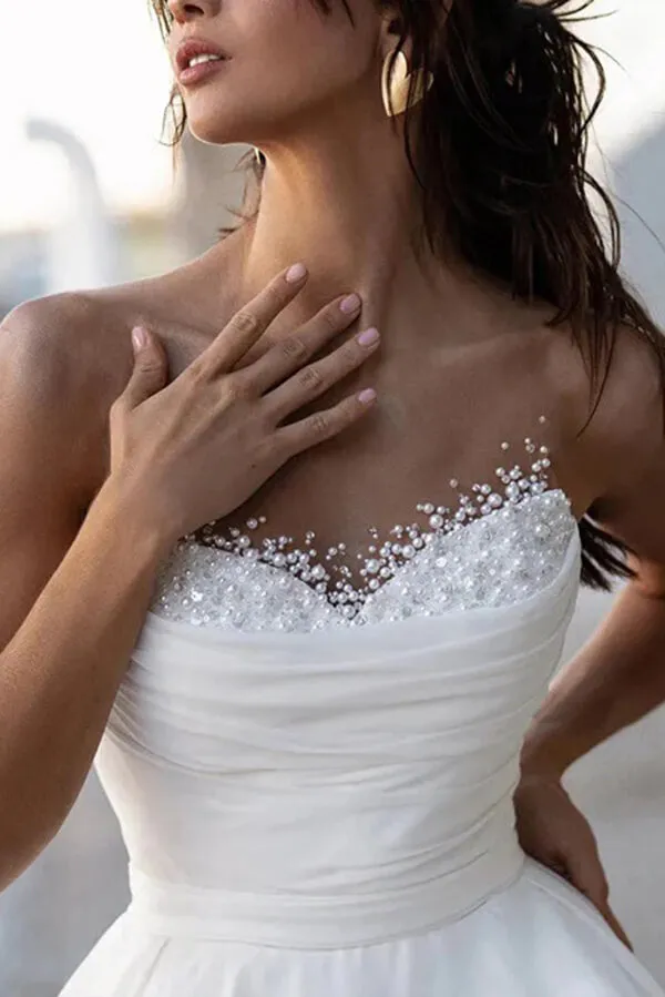 Glamorous Satin A-line Sweetheart Modest Wedding Dresses With Pearls, MW1024