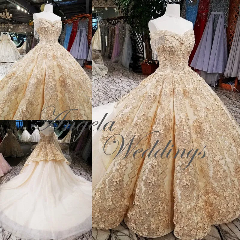 Gold Lace Ball Gown Wedding Dresses with Appliques Beaded