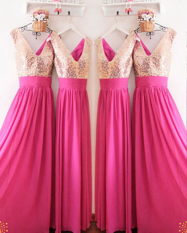 Gold Sequins Hot Pink Chiffon Bridesmaid Dresses Ruffles V-Neck Floor Length