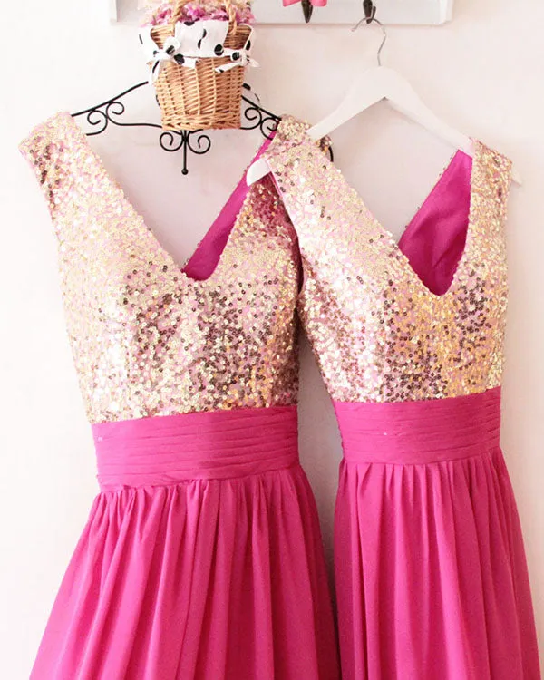 Gold Sequins Hot Pink Chiffon Bridesmaid Dresses Ruffles V-Neck Floor Length