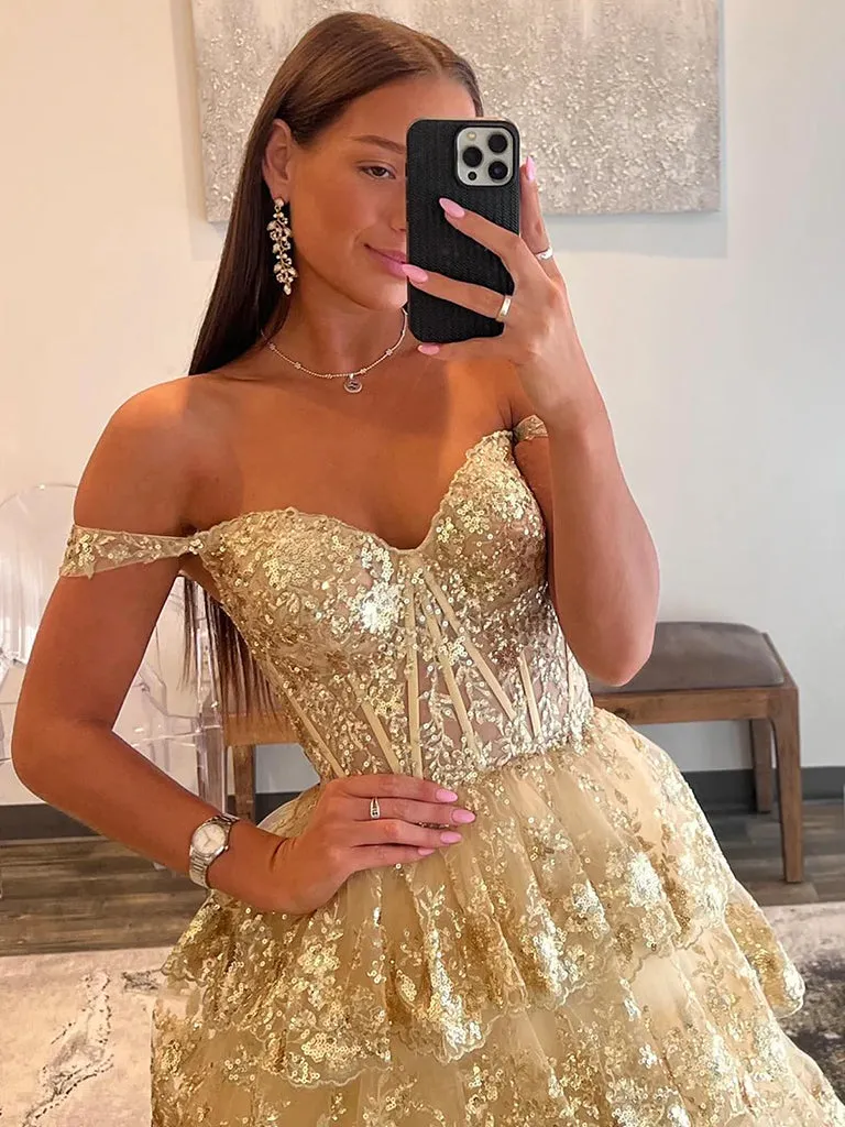 Gold Sweetheart Neck Tulle Sequin Long Prom Dress, Gold Long Evening Dress
